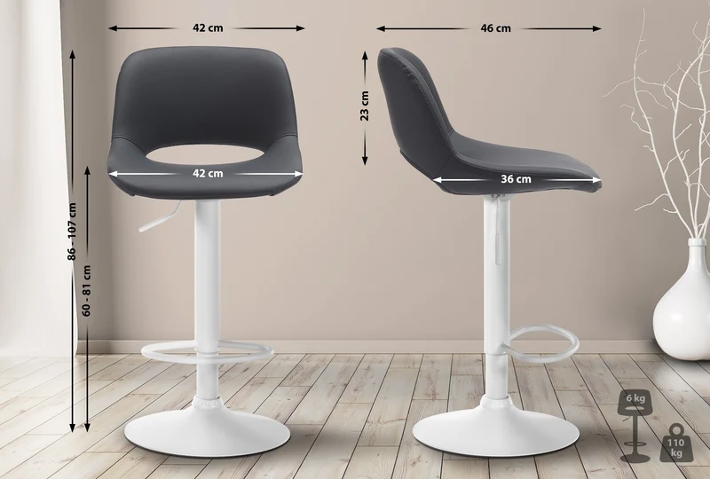 Tabourets de bar chaises haute x2 avec repose-pieds en PVC noir piètement métallique blanc 10_0004070