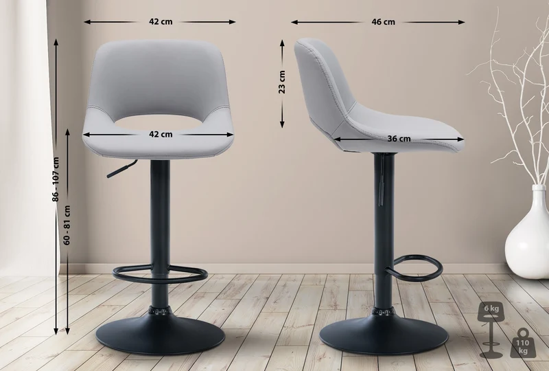 Tabouret de bar chaise haute x1 avec repose-pieds en PVC gris piètement métallique noir 10_0004583