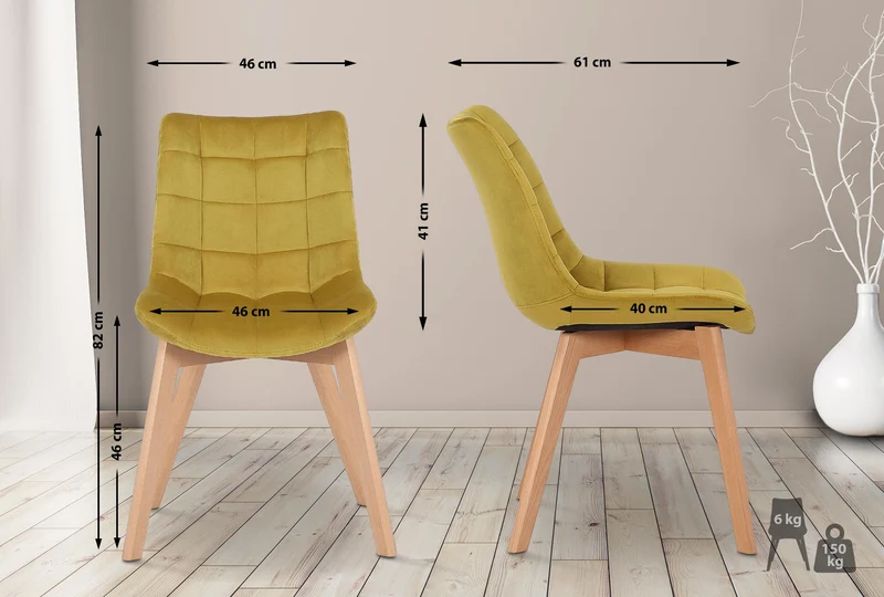 Lot de 2 chaises de salle à manger rembourrage généreux en velours jaune piètement en bois 10_0007769