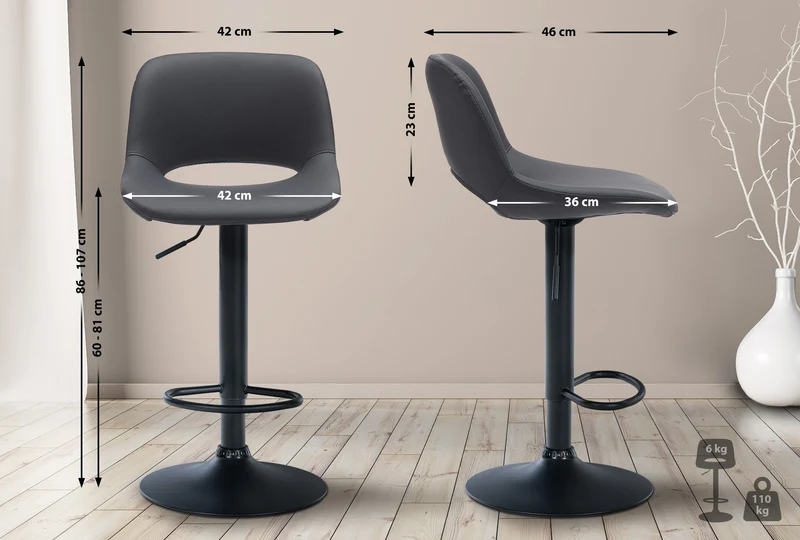Tabouret de bar chaise haute x1 avec repose-pieds en PVC noir piètement métallique noir 10_0004584