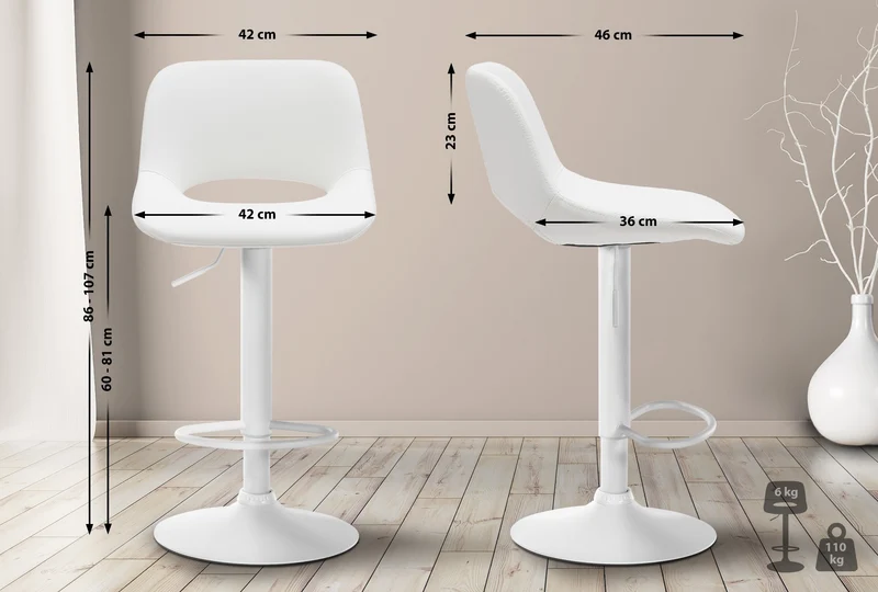 Tabouret de bar chaise haute x1 avec repose-pieds en PVC blanc piètement métallique blanc 10_0004586