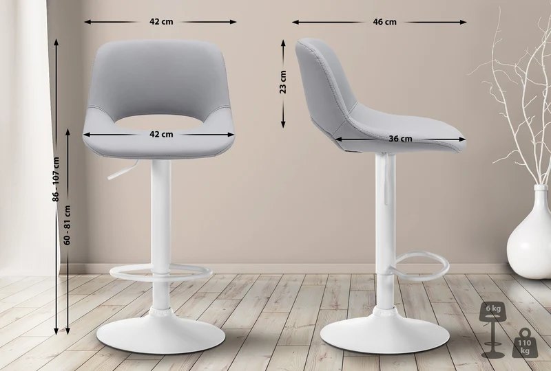 Tabouret de bar chaise haute x1 avec repose-pieds en PVC gris piètement métallique blanc 10_0004587