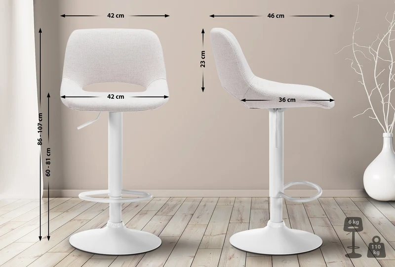 Tabourets de bar chaises haute x2 avec repose-pieds en tissu crème piètement métallique blanc 10_0004099