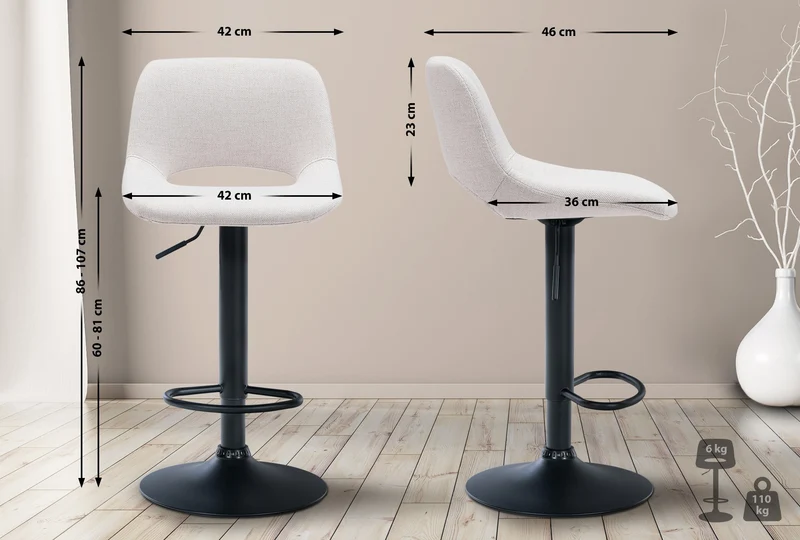 Tabourets de bar chaises haute x2 avec repose-pieds en tissu crème piètement métallique noir 10_0004096