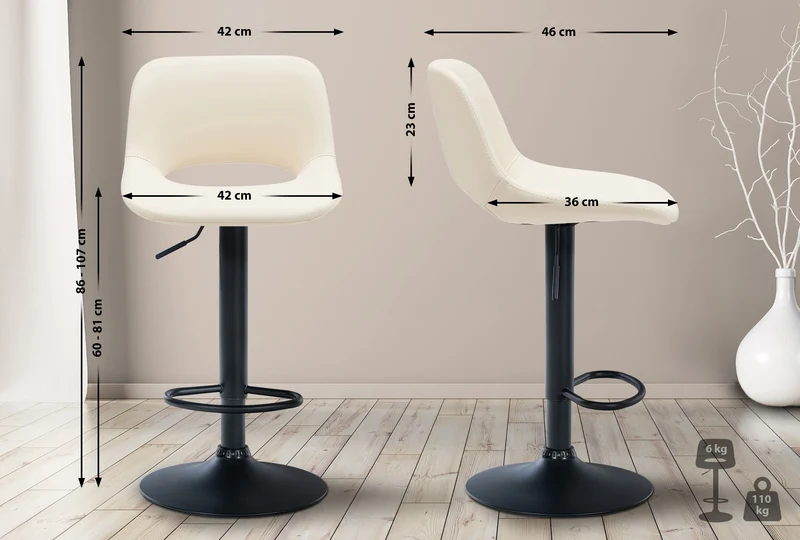 Tabourets de bar chaises haute x2 avec repose-pieds en PVC crème piètement métallique noir 10_0004067