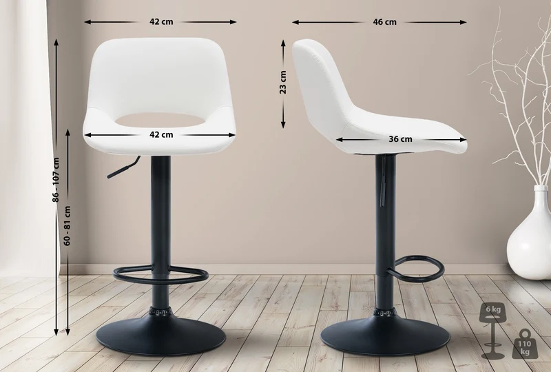 Tabouret de bar chaise haute x1 avec repose-pieds en PVC blanc piètement métallique noir 10_0004582