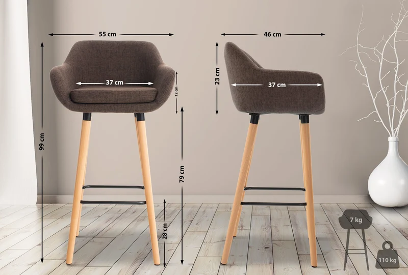Tabouret de bar lounge x1 design scandinave assise en tissu marron pieds en bois repose-pieds en métal 10_0004921
