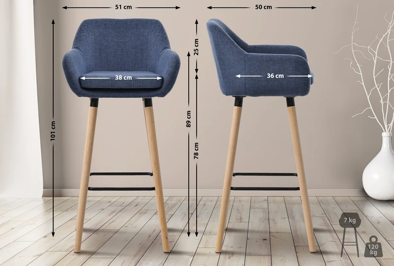 Tabouret de bar lounge x1 design scandinave assise en tissu bleu foncé pieds en bois repose-pieds en métal 10_0004918