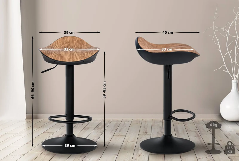 Tabouret de bar x1 forme ergonomique en PVC couleur bois et pieds en métal noir 10_0004529