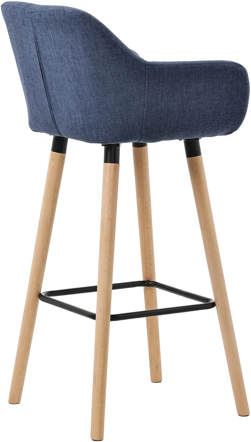 Lot de 2 tabourets de bar lounge design scandinave assise en tissu bleu foncé pieds en bois repose-pieds en métal 10_0004175