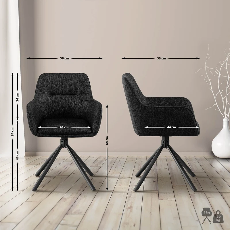 Chaise de salle à manger pivotant 180° en tissu noir avec accoudoirs et piètement métal noir 10_0007508