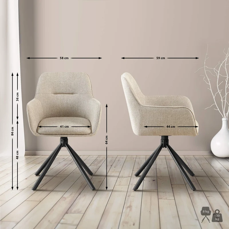 Chaise de salle à manger pivotant 180° en tissu taupe avec accoudoirs et piètement métal noir 10_0007282