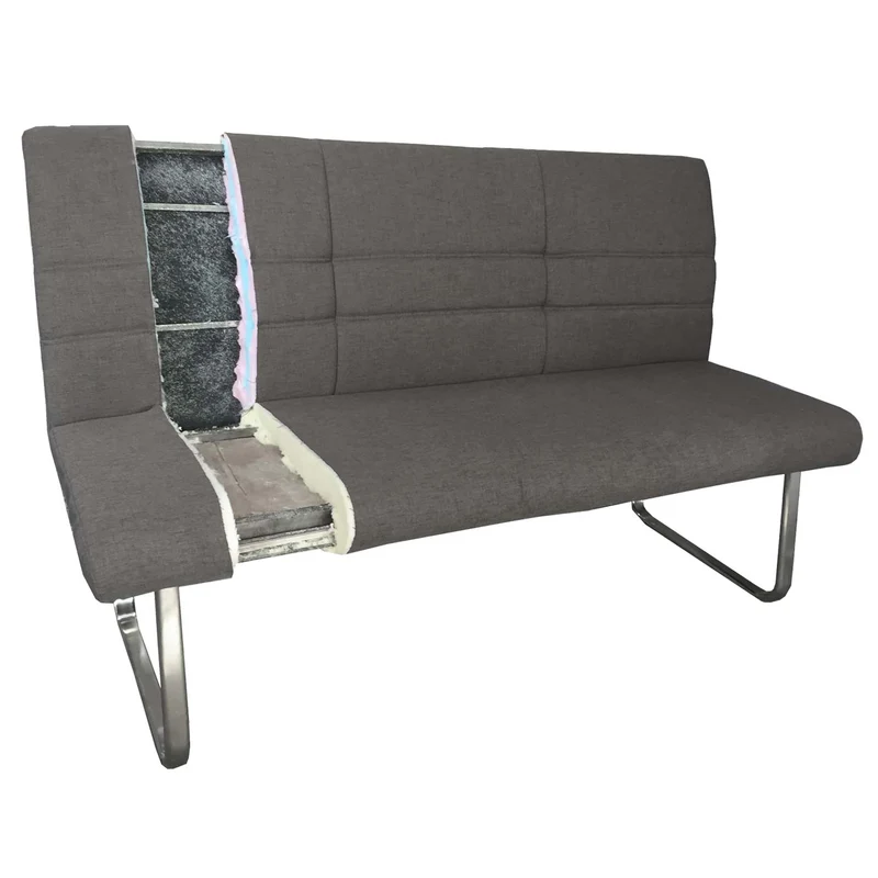 Banc de salle à manger 3 places avec dossier revêtement tissu gris-brun et structure en acier inoxydable brossé, 180 cm 04_0010869