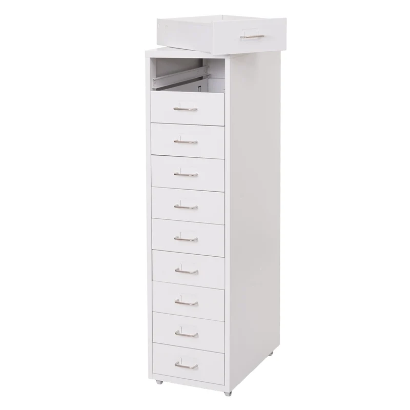 Caisson de bureau à roulettes avec tiroirs mobile avec 10 tiroirs 110x28x41 cm acier blanc 04_0010814
