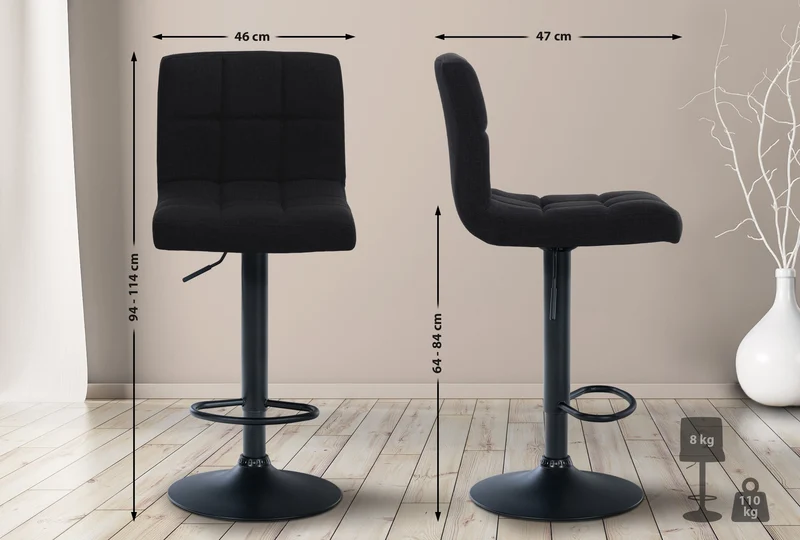 Lot de 2 tabourets de bar style contemporain en tissu matelassé noir cadre métal noir 10_0006470
