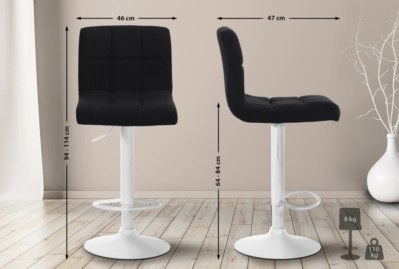 Tabouret de bar x1 style contemporain en tissu matelassé noir cadre métal blanc 10_0006089