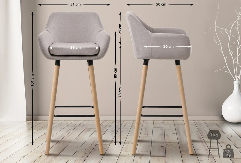 Tabouret de bar lounge x1 design scandinave assise en tissu taupe pieds en bois repose-pieds en métal 10_0004916