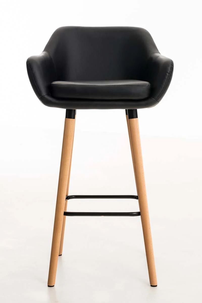 Tabouret de bar lounge x1 design scandinave assise en PVC noir pieds en bois repose-pieds en métal 10_0004908