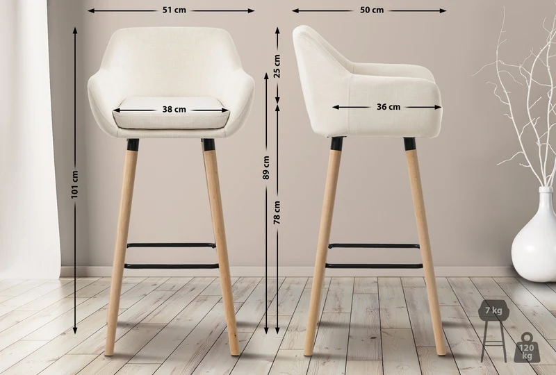 Tabouret de bar lounge x1 design scandinave assise en tissu beige pieds en bois repose-pieds en métal 10_0004915