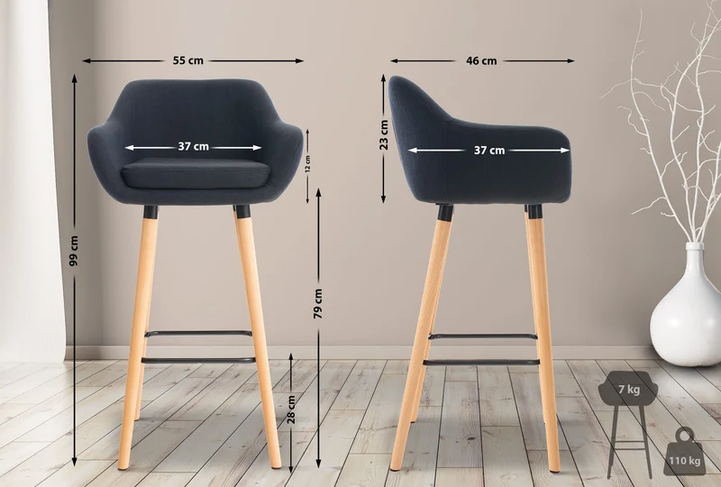Tabouret de bar lounge x1 design scandinave assise en tissu noir pieds en bois repose-pieds en métal 10_0004926