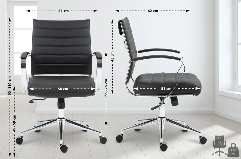 Chaise de bureau design ergonomique en cuir véritable noir et métal chromé 10_0002561