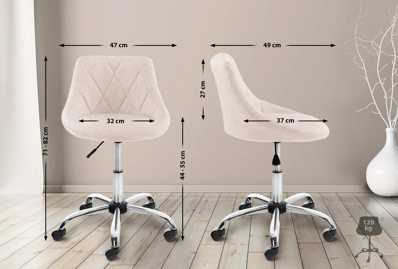 Chaise de bureau tabouret de travail coutures décoratives réglable en hauteur et pivotant en tissu crème 10_0003228