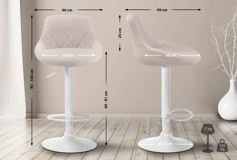 Tabouret de bar chaise haute x 1 avec coutures décoratives assise en tissu crème pieds métal blanc 10_0005091