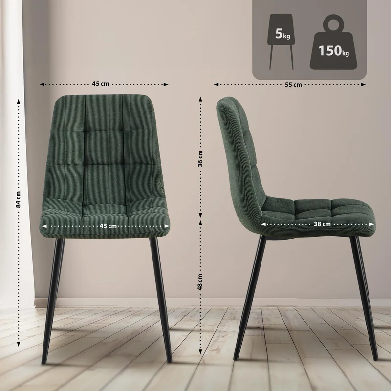 Lot de 4 chaises de salle à manger en velours côtelé vert avec structure en métal noir 45 x 55 x 84 cm 10_0007668
