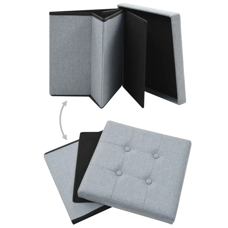 Tabouret assise pouf avec espace de rangement pliable en MDF et faux lin gris DEC026346