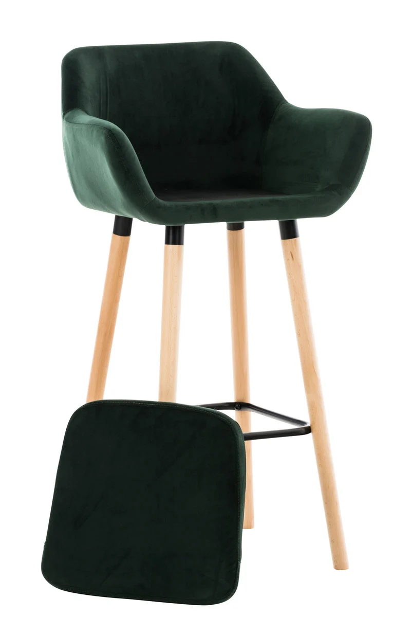 Tabouret de bar lounge x1 design scandinave assise en velours vert pieds en bois repose-pieds en métal 10_0004911