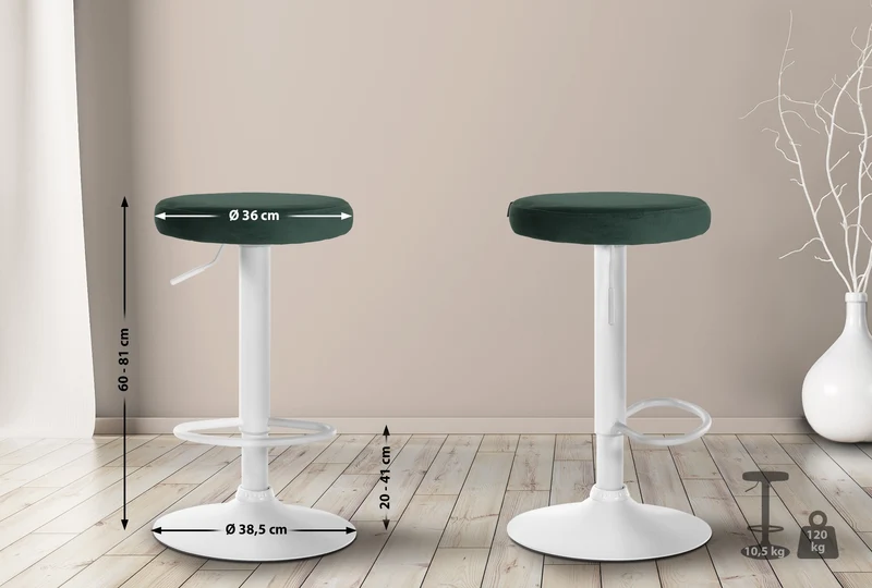 Lot de 2 tabourets de bar avec assise en tissu velours vert et cadre métal blanc TDB10701
