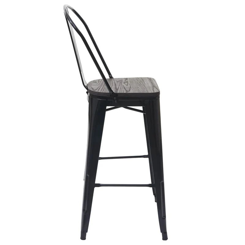 Lot de 2 tabourets de bar chaises de comptoir avec dossier siège en bois design industriel métal noir 04_0005196