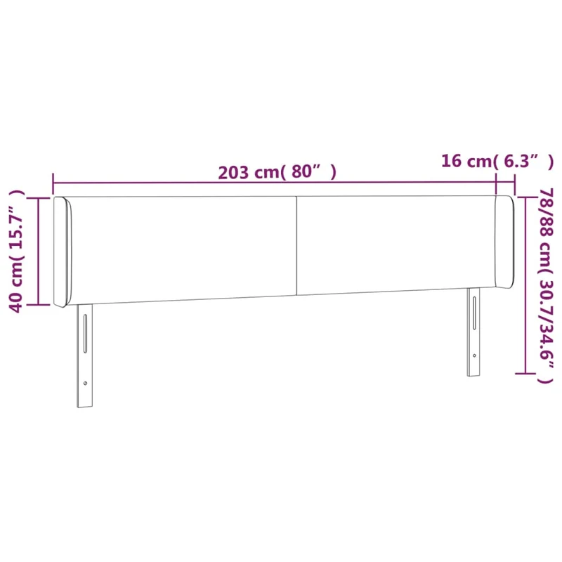 Tête de lit accessoire couchage chambre à coucher meuble avec rebord latéral 203 x 16 x 78/88 cm tissu velours gris clair TDL0205177