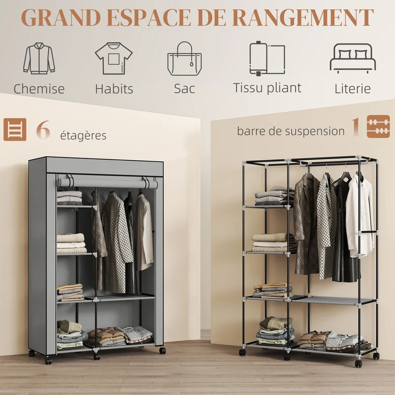 Armoire penderie compacte 103 x 43 x 162.5 cm rangement suspendu étagères pratiques épuré en tissu non tissé gris clair 21_0005826