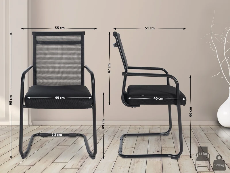 Fauteuil de bureau sans roulettes piétement luge en tissu et métal noir BUR10683