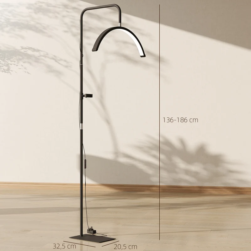 Lampadaire sur pied demi-lune rotatif 78 x 21 x 136-186 cm à intensité variable lecture stable minimaliste en acier noir 21_0007057