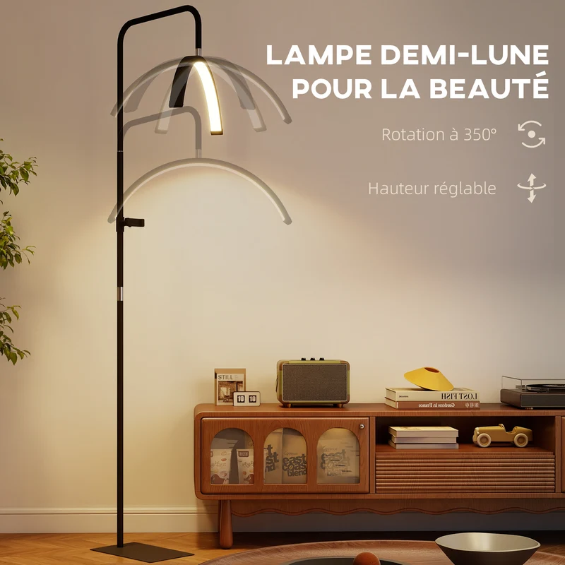 Lampadaire sur pied demi-lune rotatif 78 x 21 x 136-186 cm à intensité variable lecture stable minimaliste en acier noir 21_0007057