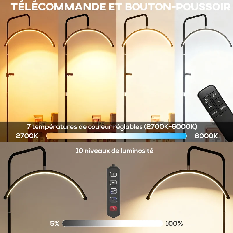 Lampadaire sur pied demi-lune rotatif 78 x 21 x 136-186 cm à intensité variable lecture stable minimaliste en acier noir 21_0007057