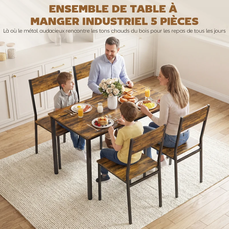 Ensemble table et 4 chaises cuisine 108 x 60 x 76 cm gain de place industriel en panneau de particules brun rustique 21_0003386
