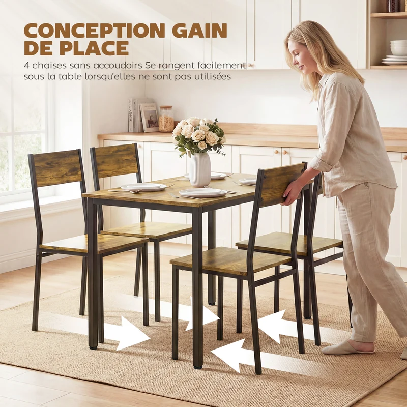 Ensemble table et 4 chaises cuisine 108 x 60 x 76 cm gain de place industriel en panneau de particules brun rustique 21_0003386