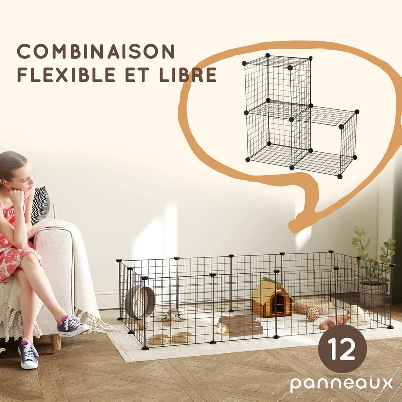 Cage parc modulable pour petits animaux 106 x 73 x 36 cm montage facile léger sécurité renforcée moderne en acier noir 21_0007391