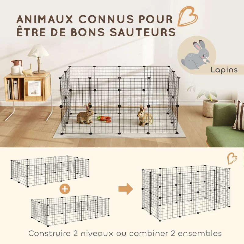 Cage parc modulable pour petits animaux 106 x 73 x 36 cm montage facile léger sécurité renforcée moderne en acier noir 21_0007391