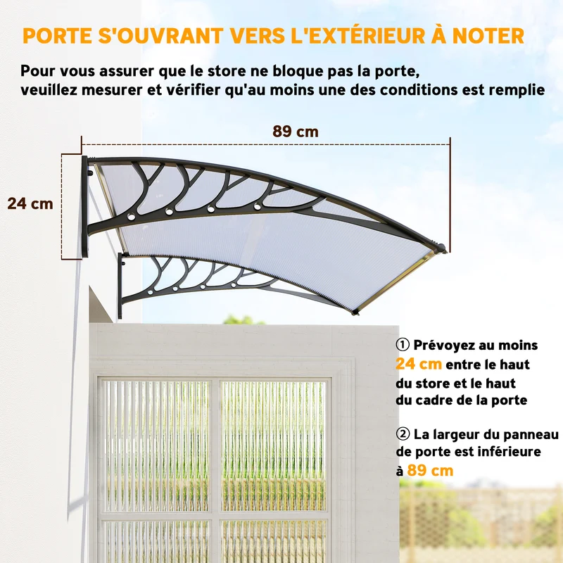 Auvent de porte d'entrée incurvé 122 x 89 x 24 cm protège pluie uv montage mural moderne en polycarbonate transparent 21_0007101