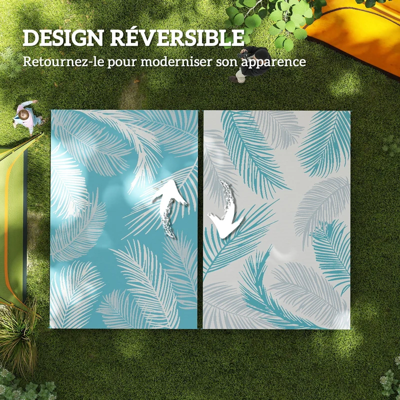 Tapis d'extérieur réversible 274 x 182 x 0,3 cm résistant aux intempéries protection solaire design moderne en PP bleu 21_0005708
