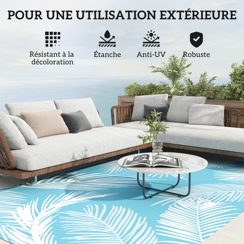 Tapis d'extérieur réversible 274 x 182 x 0,3 cm résistant aux intempéries protection solaire design moderne en PP bleu 21_0005708