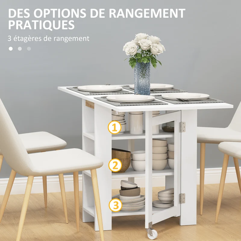 Table cuisine pliante 120 x 60 x 75 cm gain de place 3 étagères salon moderne et épuré en panneau de particules blanc 21_0003238