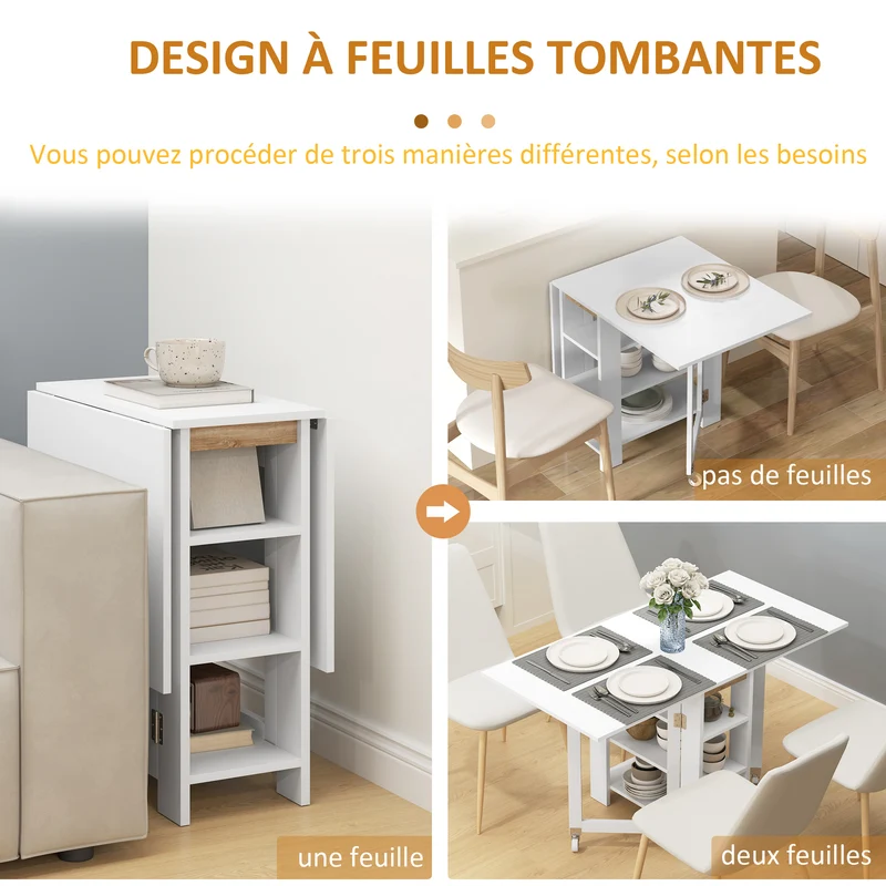 Table cuisine pliante 120 x 60 x 75 cm gain de place 3 étagères salon moderne et épuré en panneau de particules blanc 21_0003238