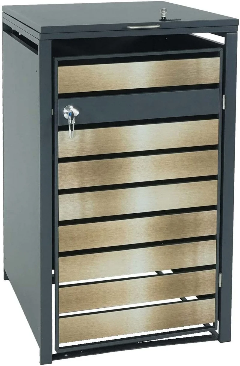 Abri de poubelle vérouillable en métal anthracite aspect bois doré MDJ04179
