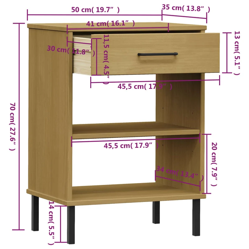 Table d'appoint console pratique avec tiroirs pieds en métalet bois pin marron DEC031372