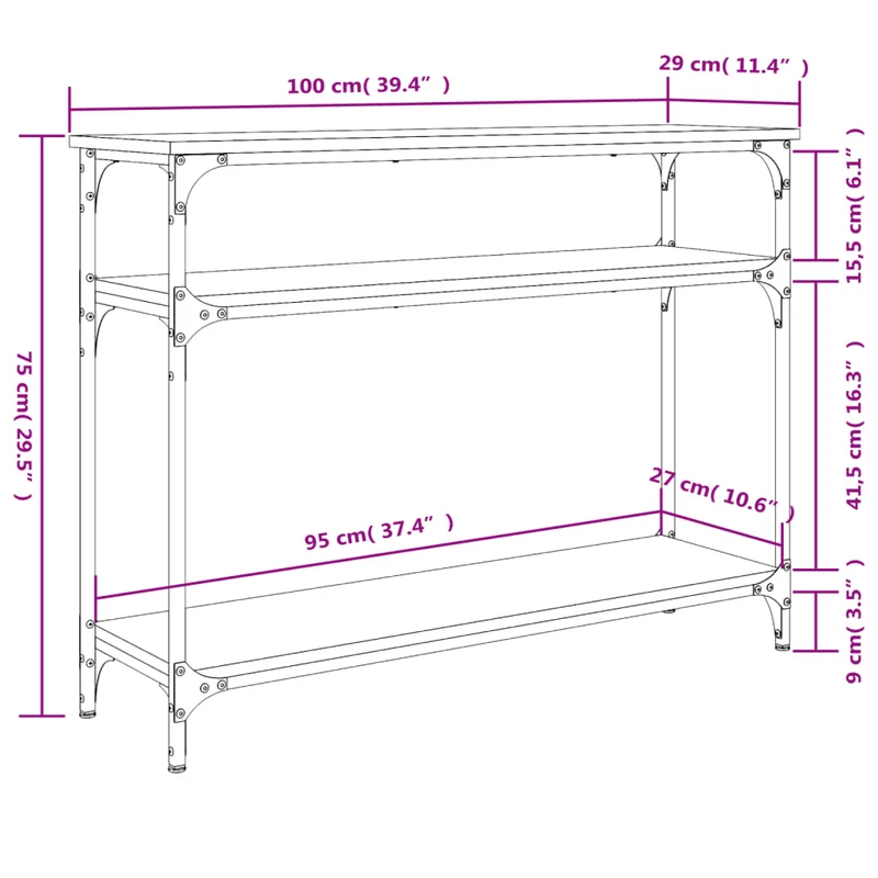 Table d'appoint console pratique avec étagères pour une entrée organisée 100 x 29 x 75 cm bois d'ingénierie gris et métal DEC032190